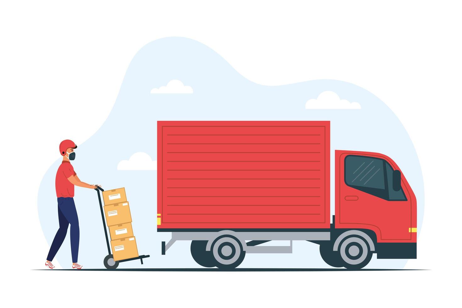 truck and delivery service worker wearing medical mask with boxes in cart vector