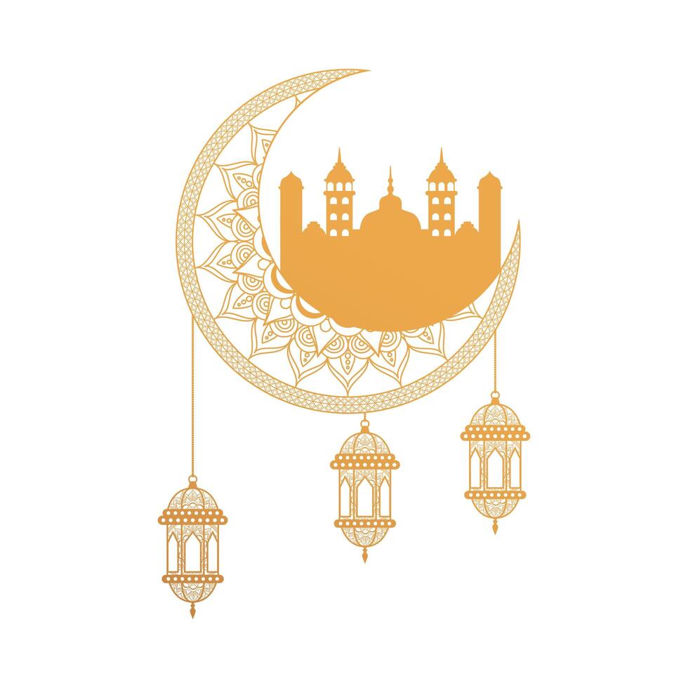 ramadan kareen celebration lanterns golden hanging in moon vector