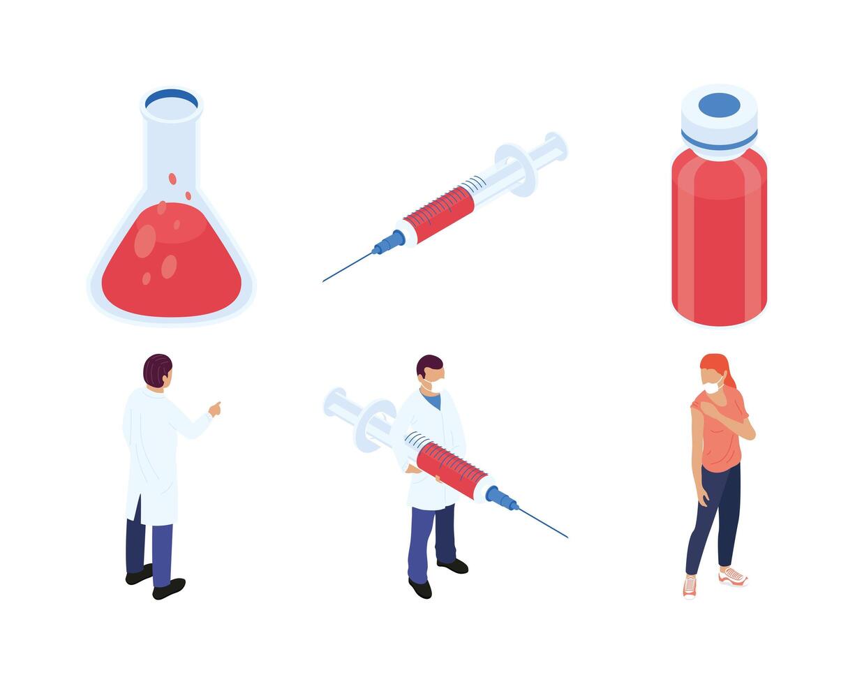 bundle of six isometric vaccine set icons vector