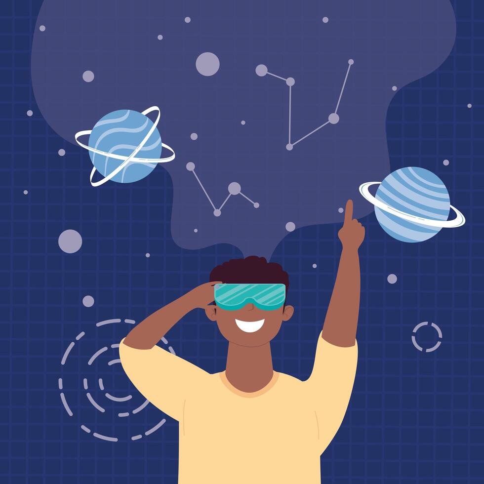 afro man using virtual reality mask in universe scene vector