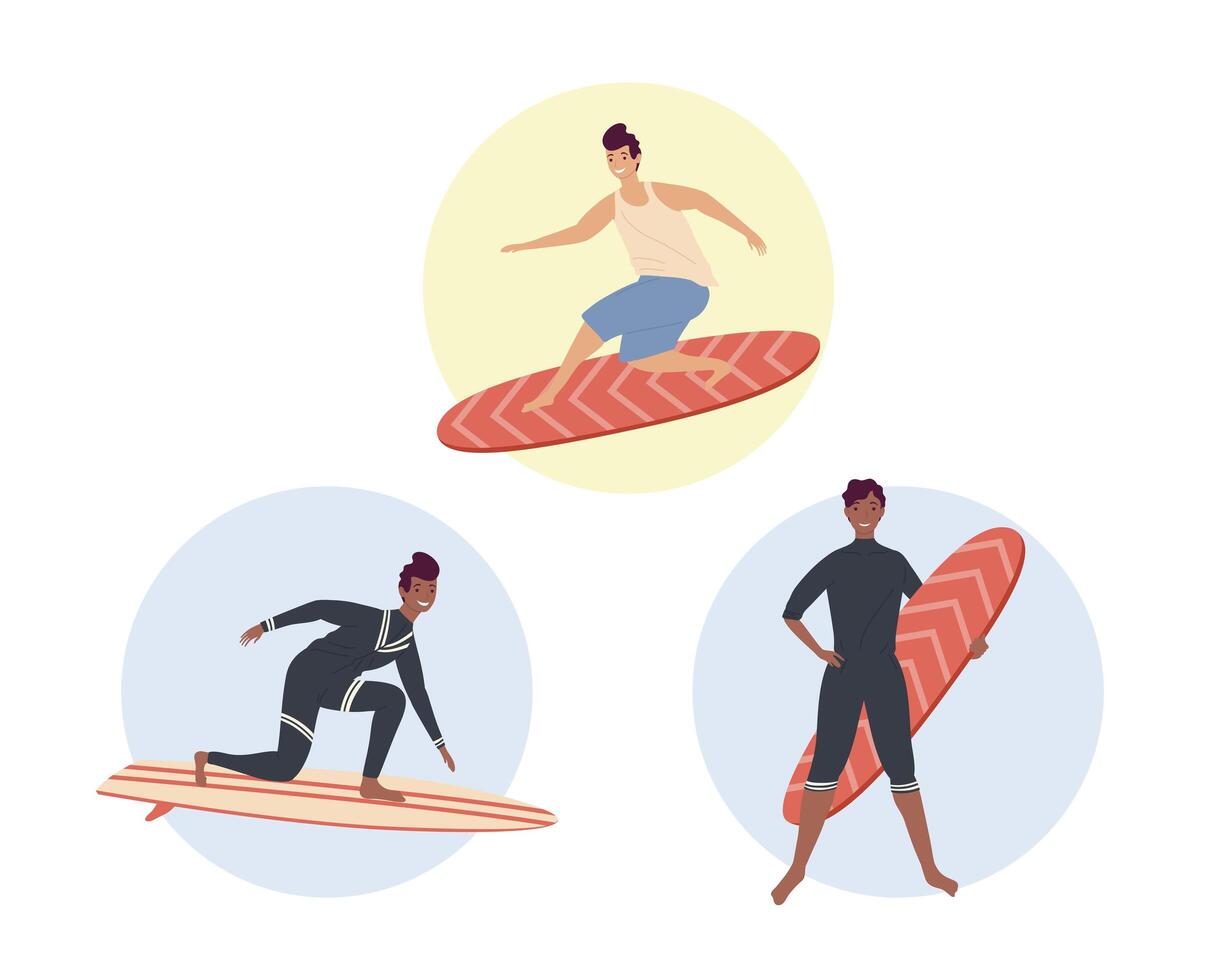 tres surfistas masculinos vector