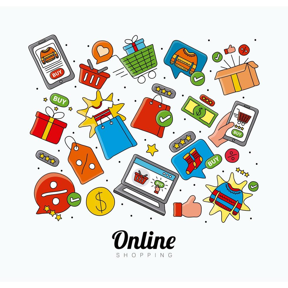 online shopping technology set icons and lettering vector
