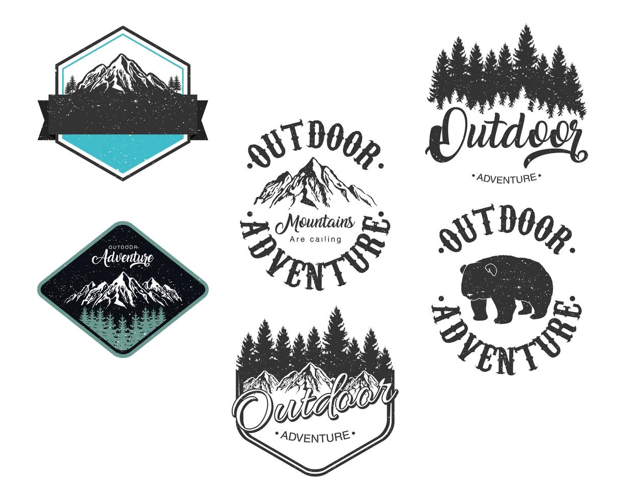 bundle of six outdoor adventure letterings emblems vector