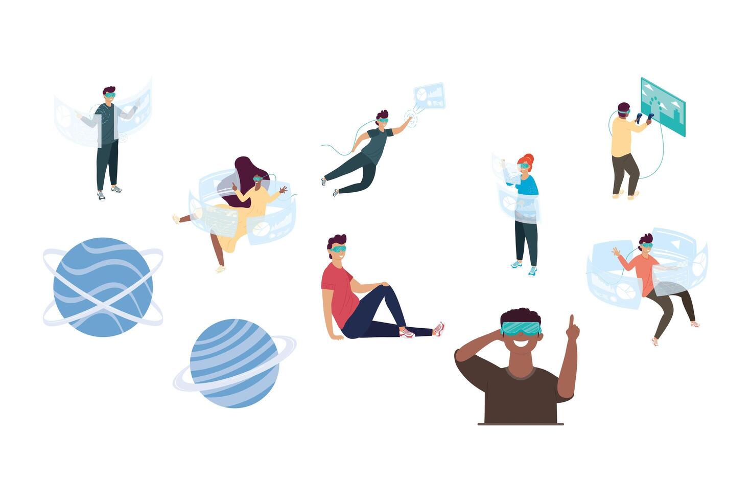 eight persons using virtual reality technology vector