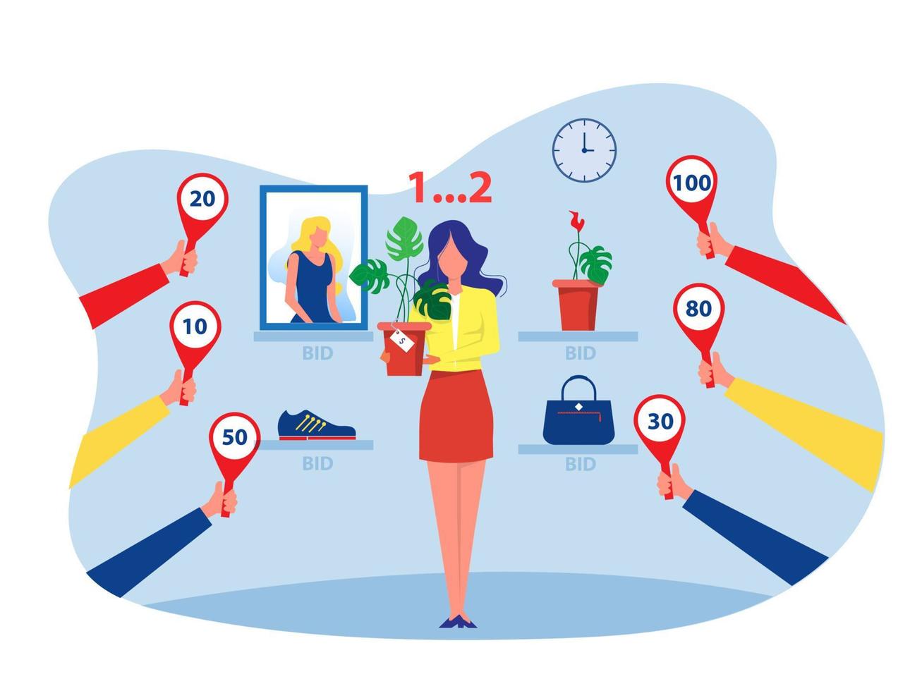Woman Selling offer bid or Auction business concept,  Vector Illustration.