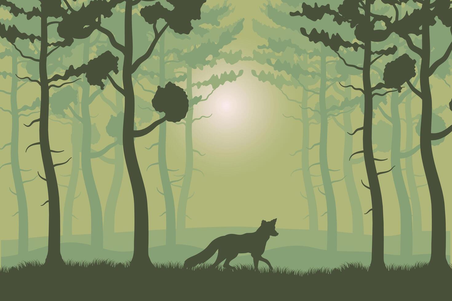 árboles, plantas, y, zorro, en, bosque verde, paisaje, escena vector