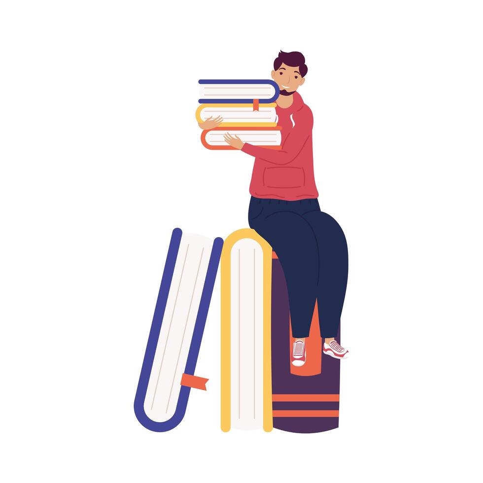 man lifting books seated in books ,book day celebration vector
