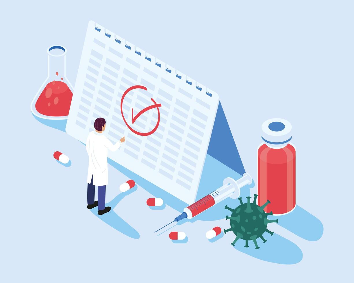 doctor with calendar and vaccine isometric icons vector