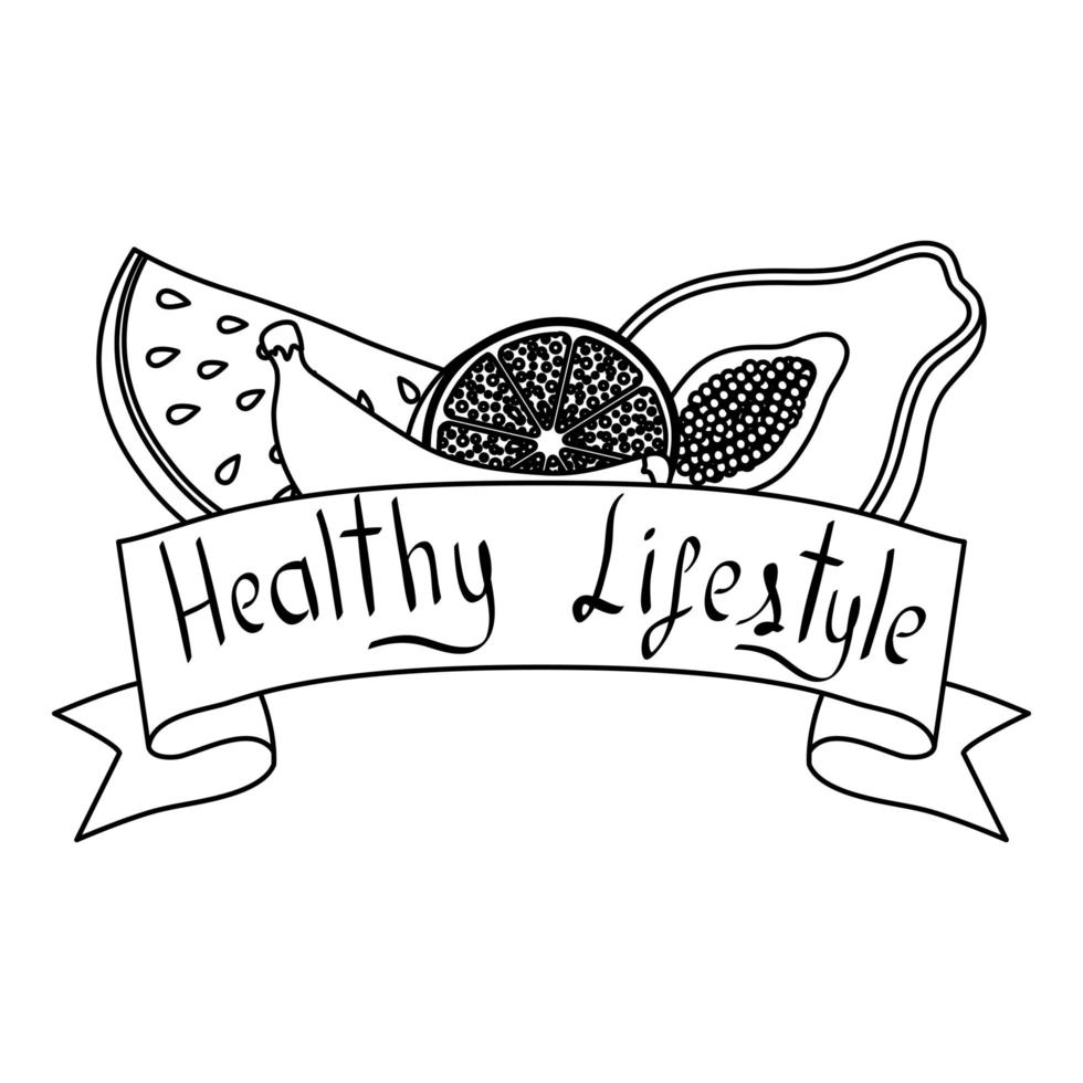 healthy life style ribbon with lettering and set icons vector