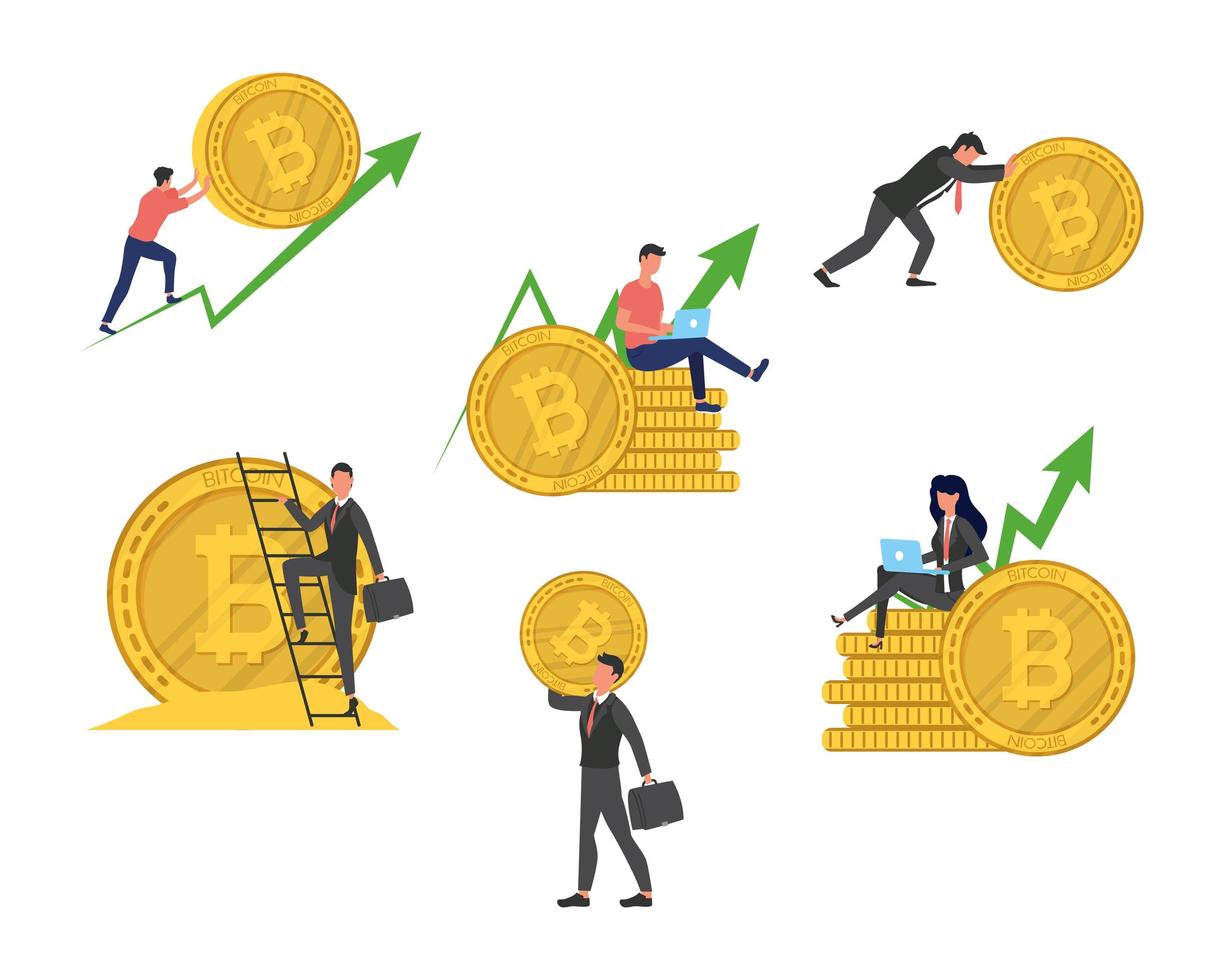business people bitcoins and crypto currency set icons vector