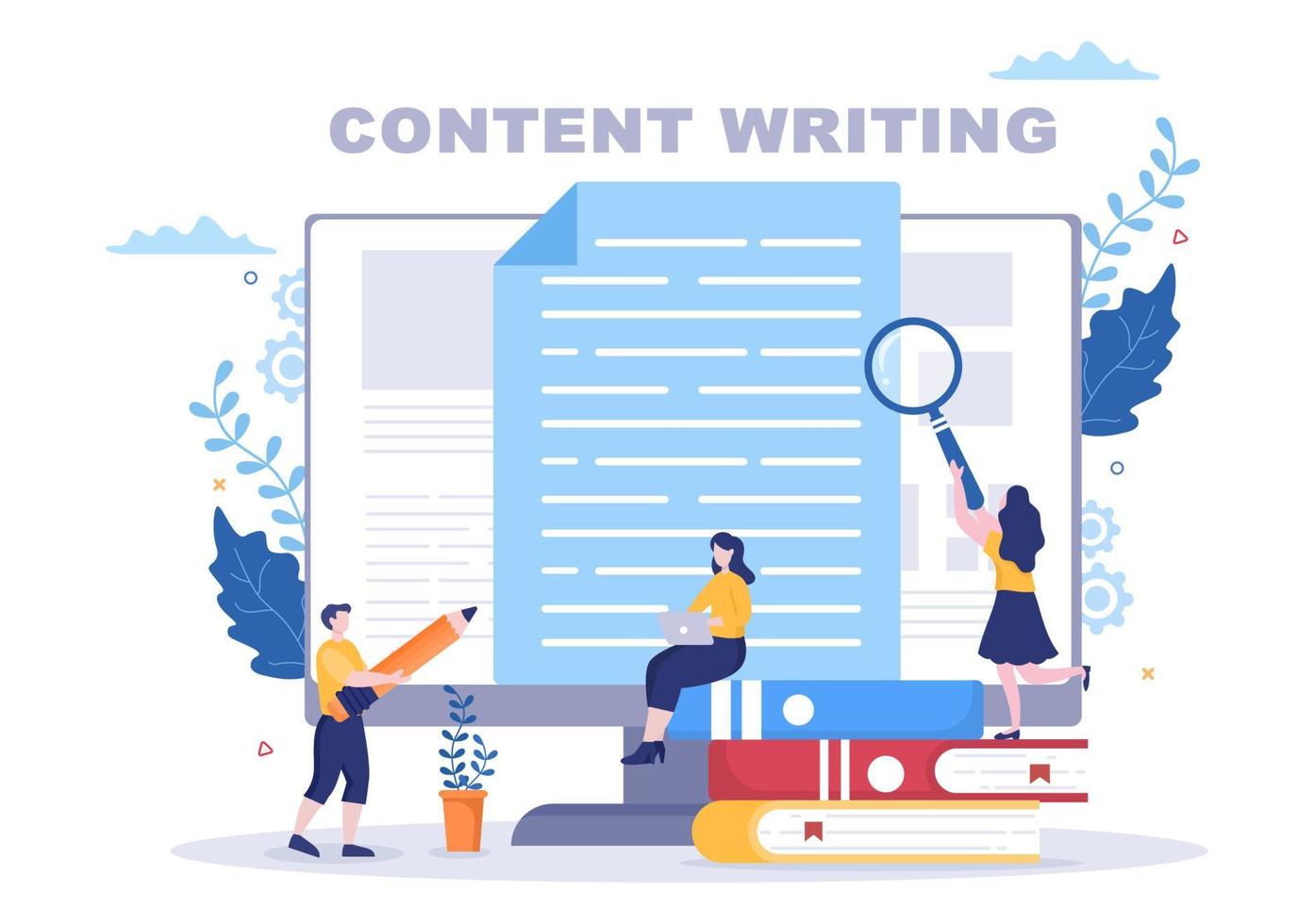 Content Writer or Journalist Background Vector Illustration For Copy Writing, Research, Development Idea and Novel or Book Script in Flat Style