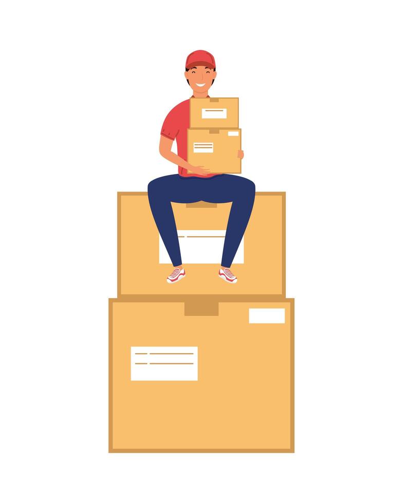 delivery service worker character seated in boxes carton vector