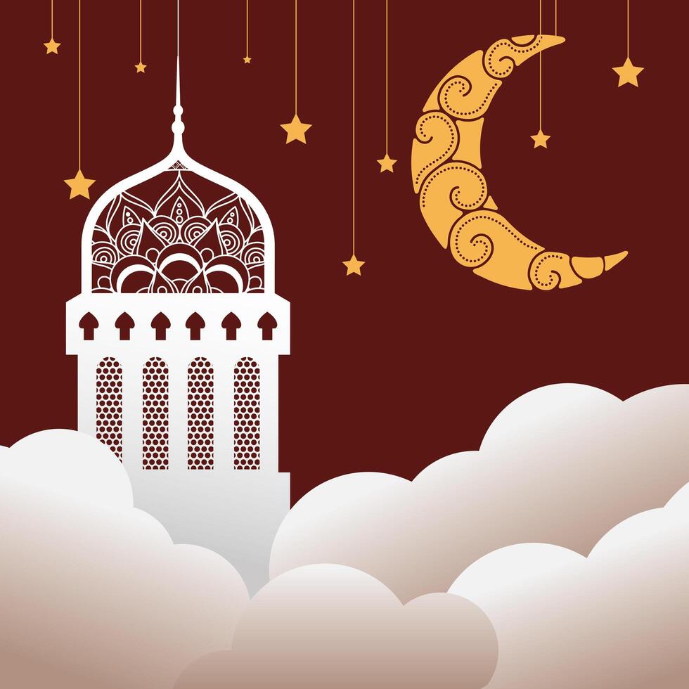 ramadan kareen celebration mosque and moon hanging in clouds vector