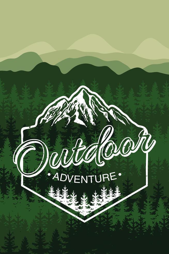outdoor adventure lettering emblem with mountains in forest landscape vector