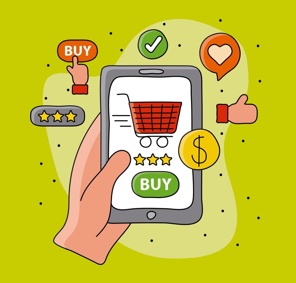 online shopping with buyer hand and cart in smartphone vector