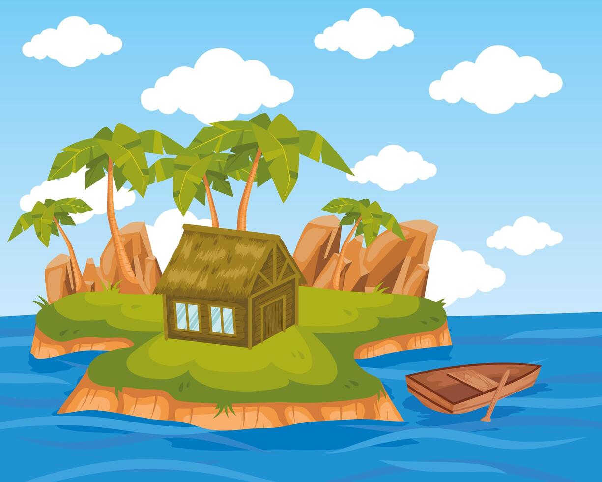 isla y barco vector