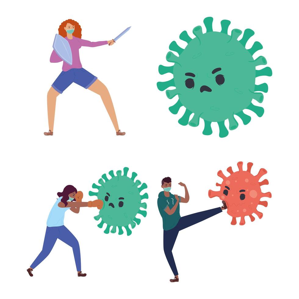 group of persons fighting vs covid19 particles characters vector