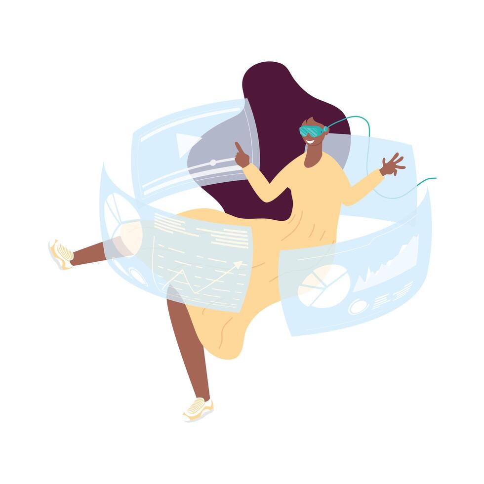 afro woman using virtual reality mask and displays around vector