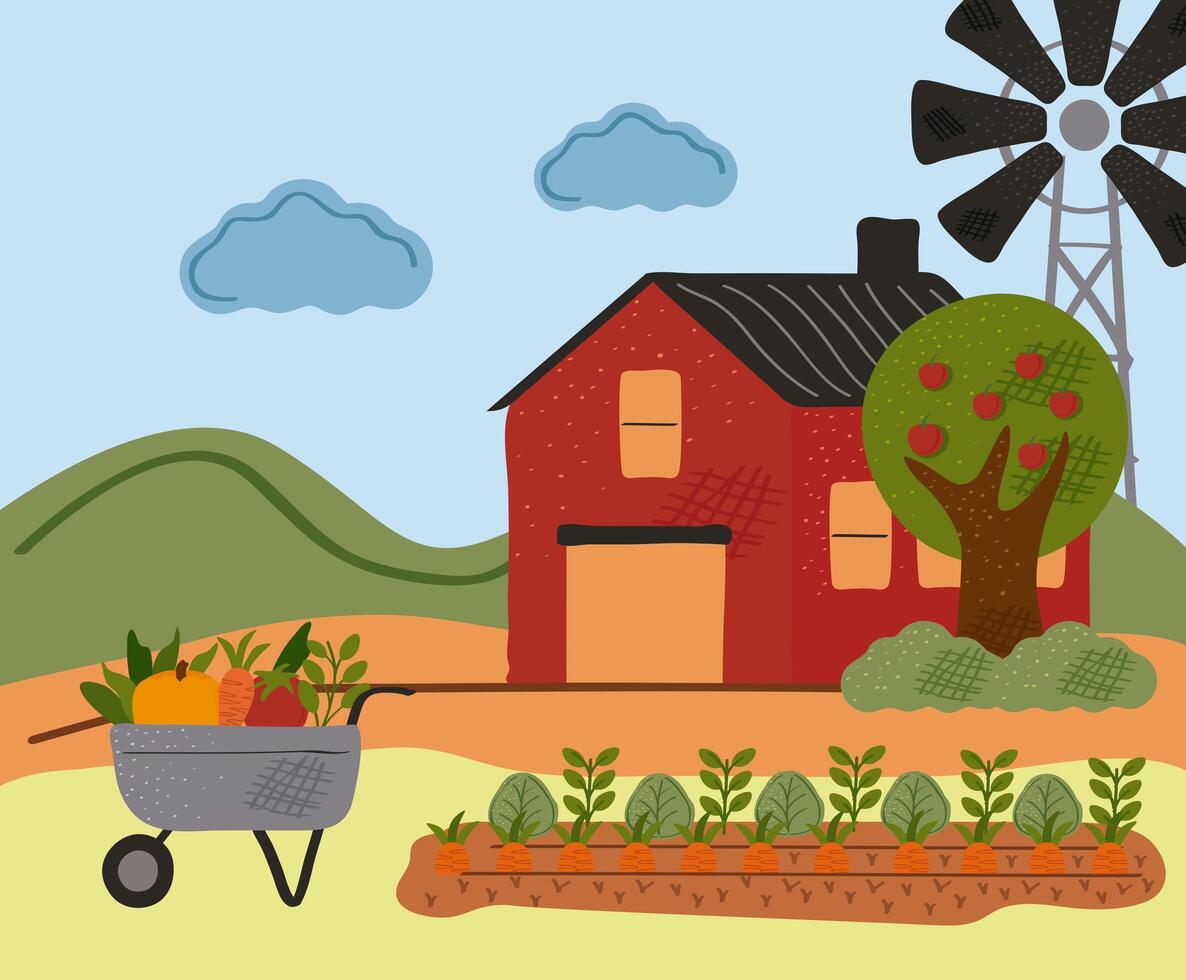 stable farm building with vegetables in wheelbarrow vector