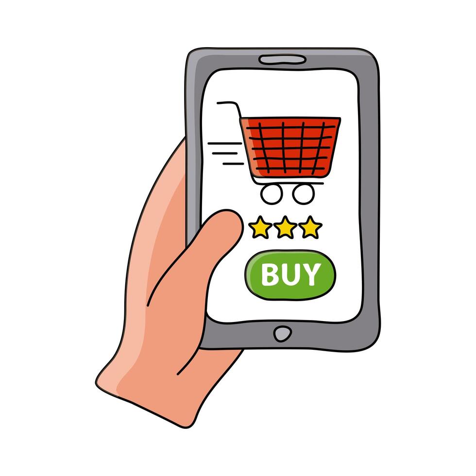 online shopping technology with buyer hand and cart in smartphone vector