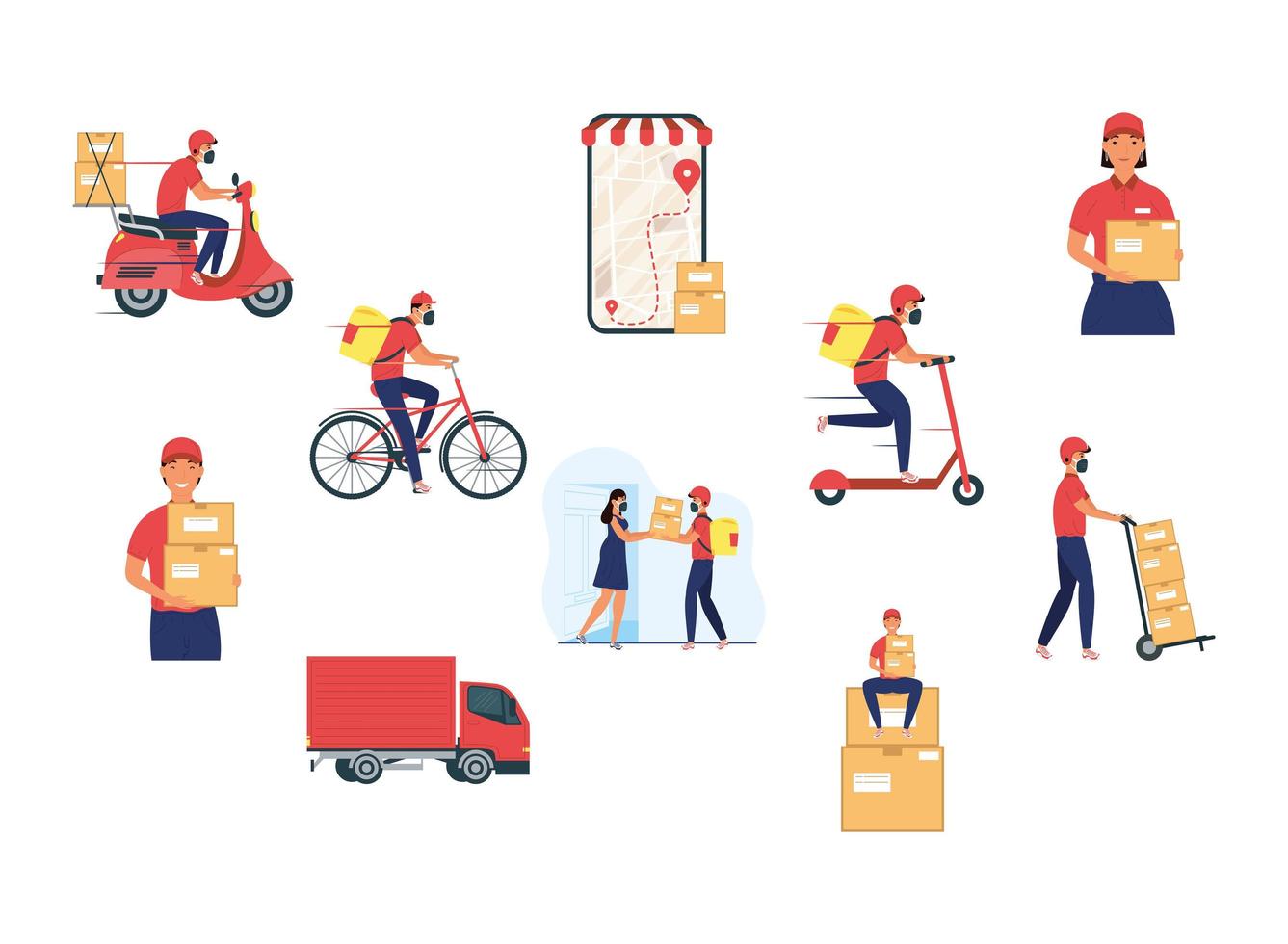 group of eight delivery workers team characters vector