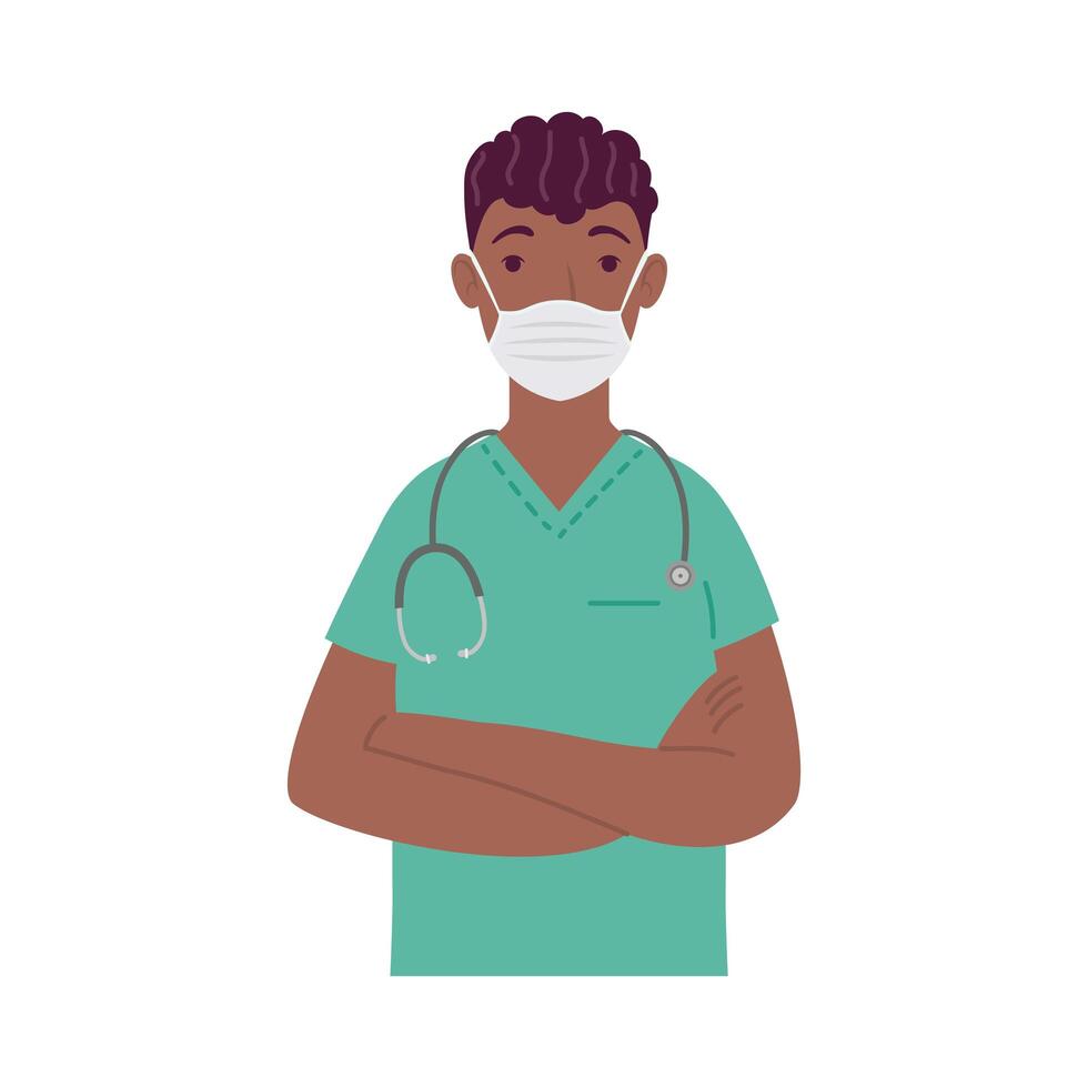 afro doctor wearing medical mask with stethoscope character vector