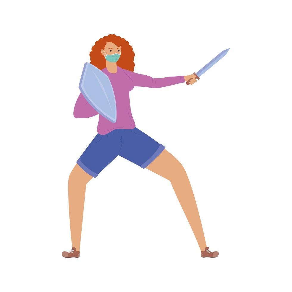 woman with sword and shield fighting vs covid19 vector