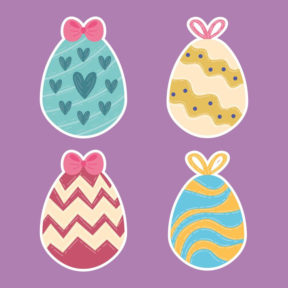 Tarjeta de feliz celebración de pascua con cuatro huevos pintados vector