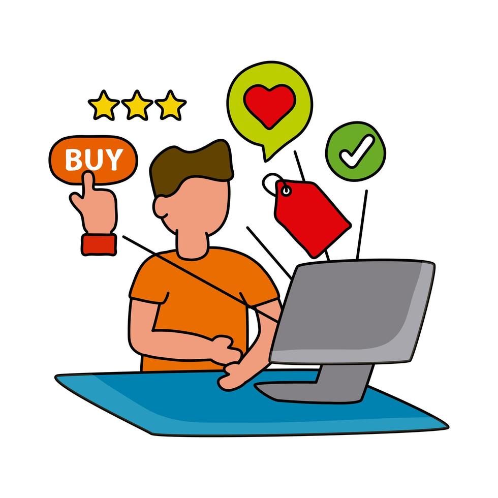 online shopping technology with man using desktop vector