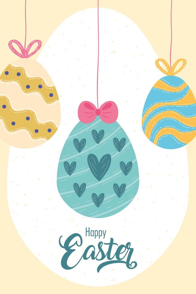 Feliz celebración de pascua tarjeta de letras con huevos colgando vector