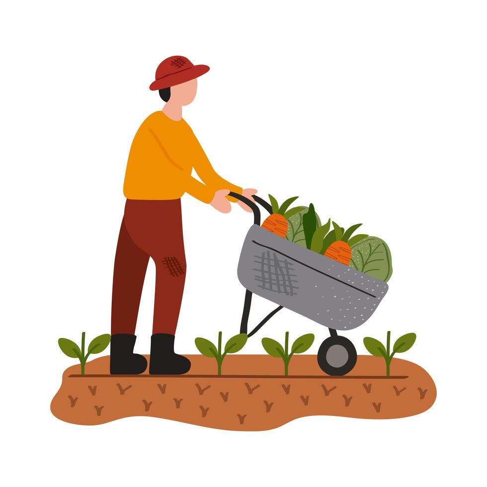 farmer worker with whelbarrow and vegetables vector