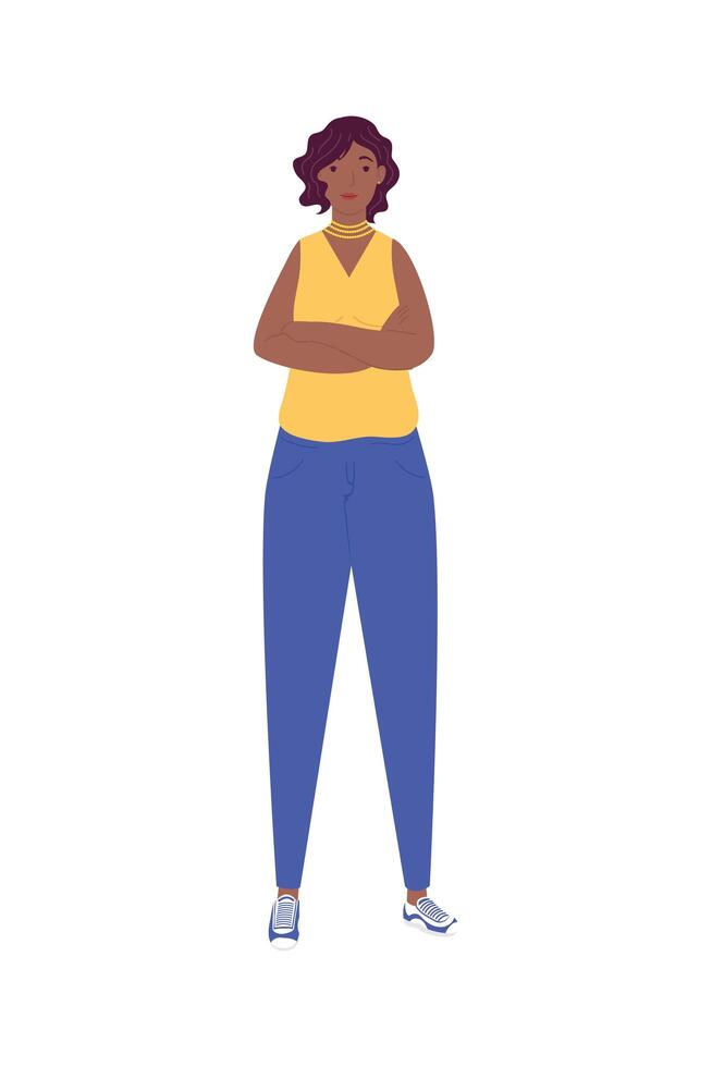 young afro woman with blue pants avatar character vector
