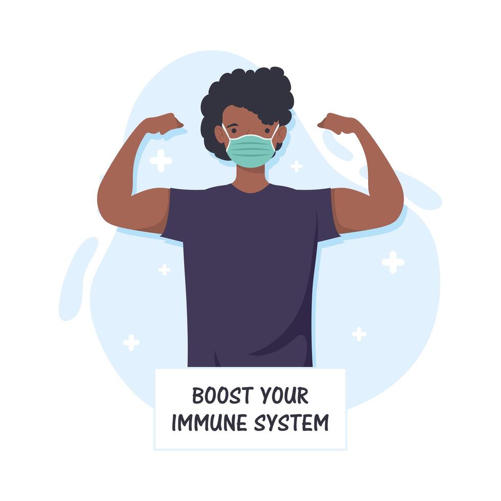 boost your immune system lettering with afro strong man wearing medical mask vector