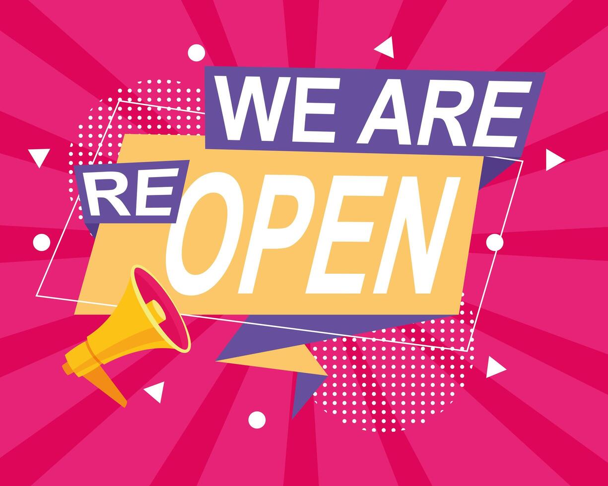 we are reopen commercial label with megaphone in pink background vector