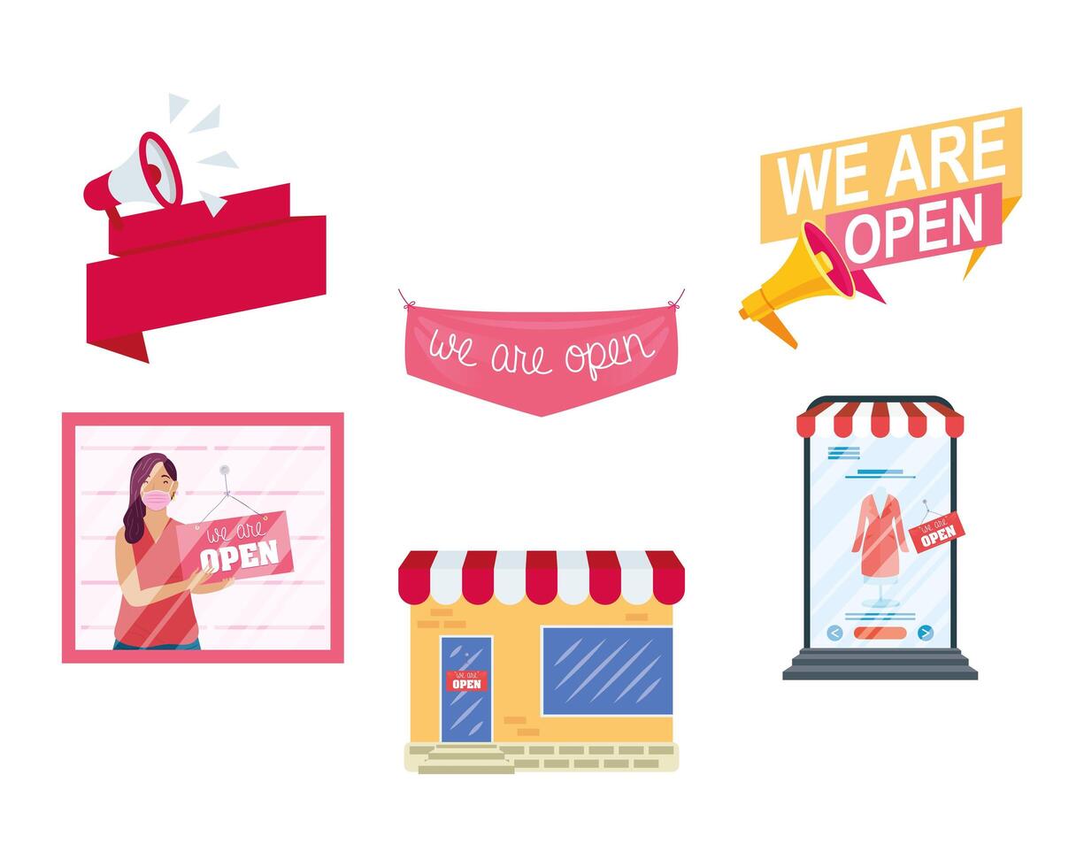 bundle of six reopening labels campaign set icons vector