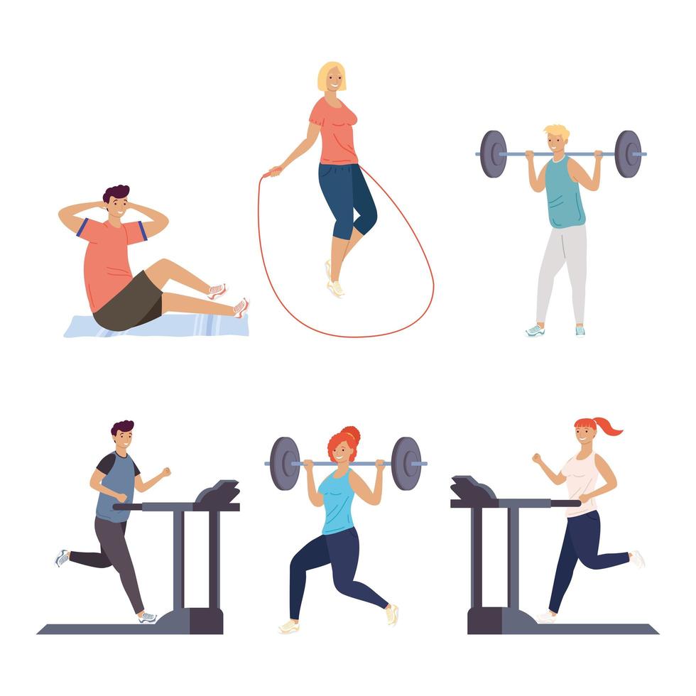 bundle of six persons practicing fitness sports characters vector