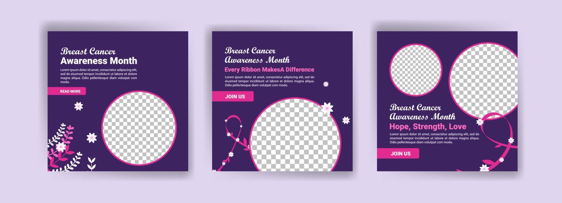 Plantilla de publicación de redes sociales para la concientización sobre el cáncer de mama. salud de la mujer. celebrar anual. concepto médico. vector