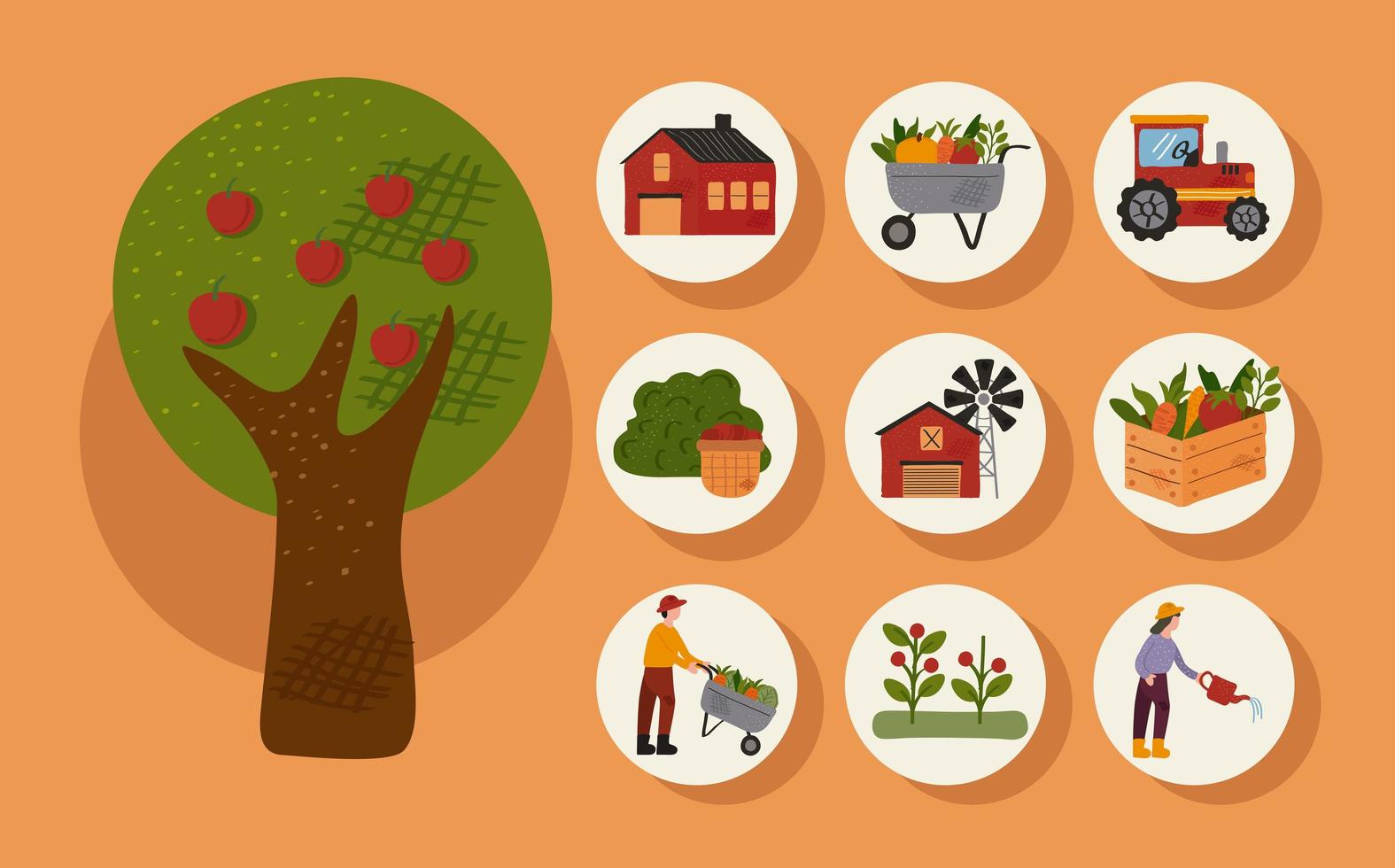 tree and bundle of nine farm and agriculture set icons vector