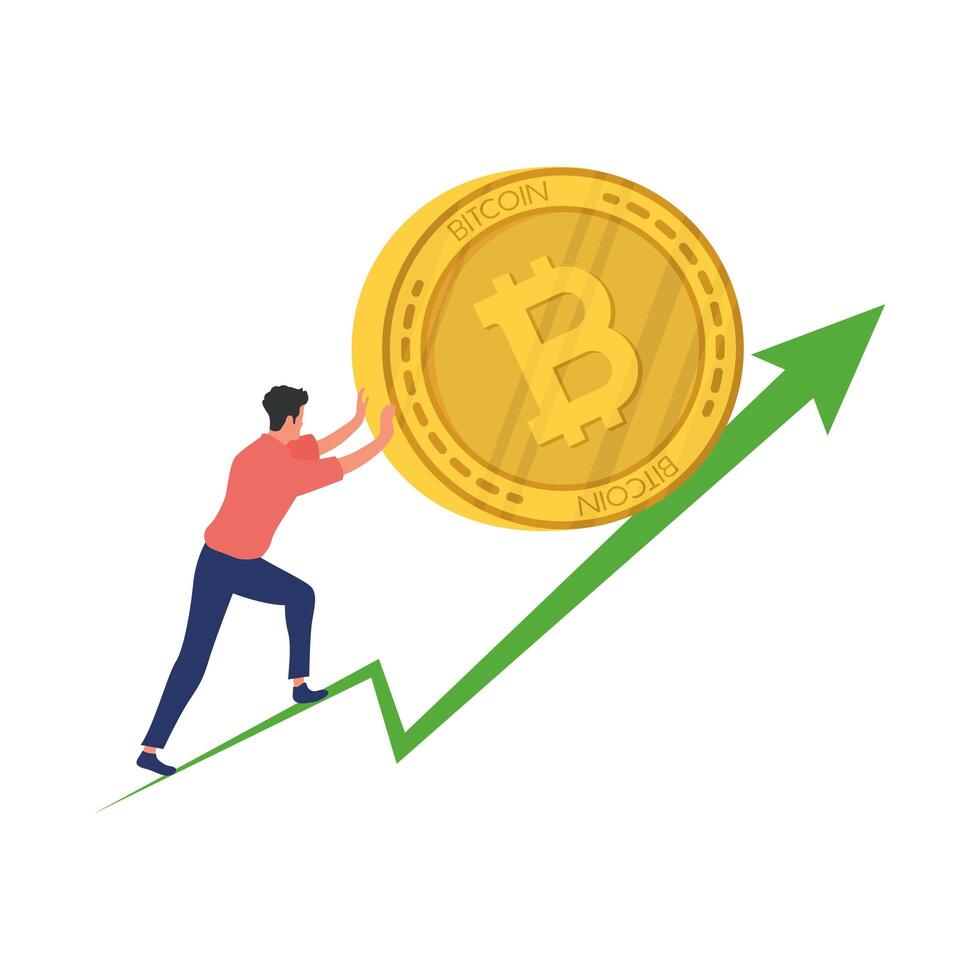 man pushing bitcoin in arrow up crypto currency icon vector