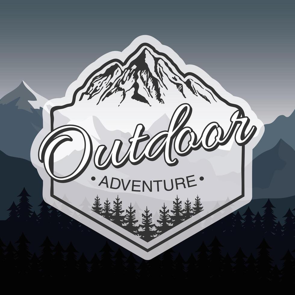 outdoor adventure lettering emblem with mountains in landscape vector