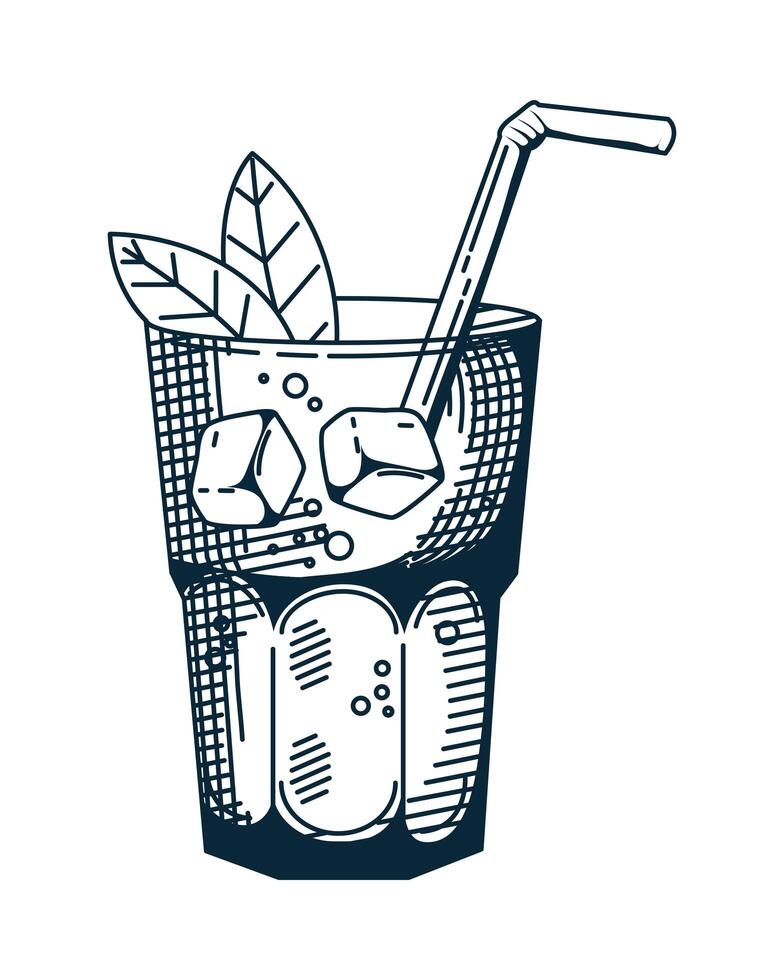 iced tea drink with leafs and straw hand drawn style icon vector