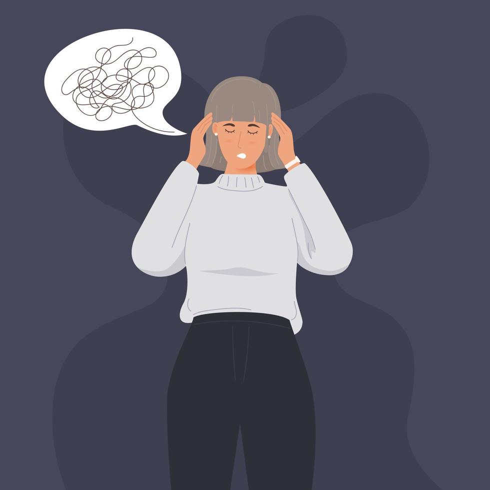 Woman holding her head because of sickness or stress vector