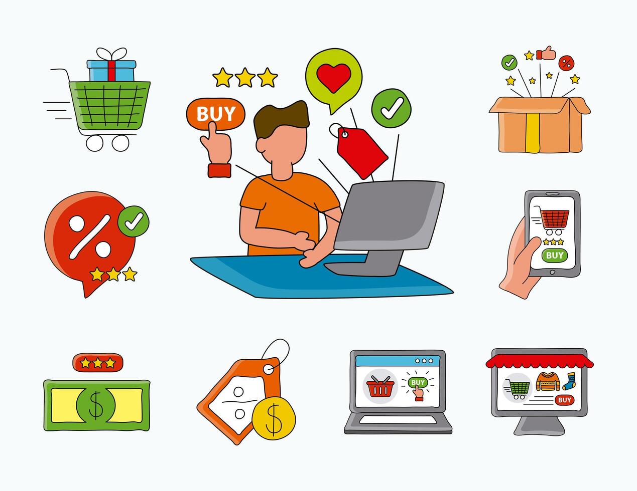 online shopping technology with man using desktop and set icons vector