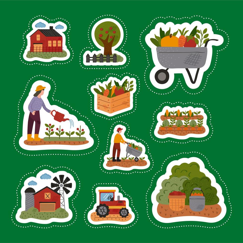 Paquete de diez iconos de conjunto agrícola y agrícola en fondo verde vector