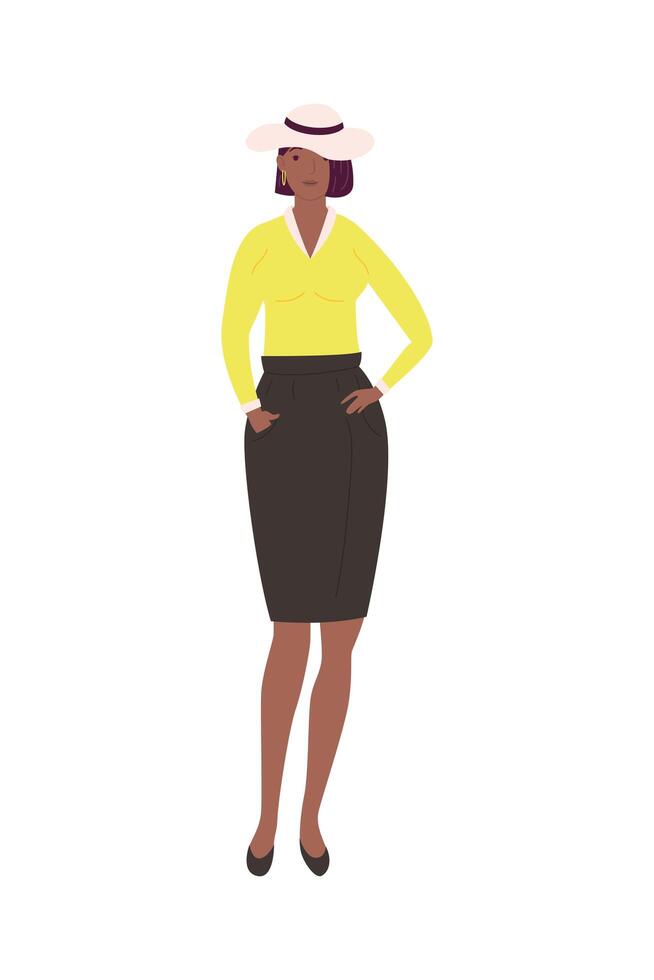 young afro woman with elegant hat avatar character vector