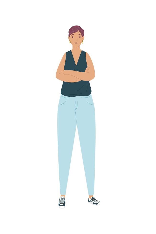 young woman standing with short hair avatar character vector