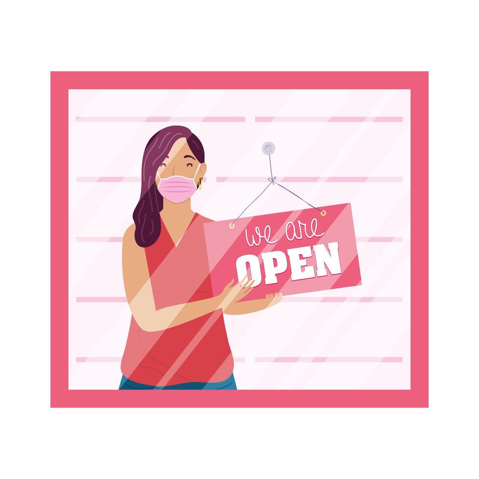 we are reopen commercial label with woman wearing medical mask vector