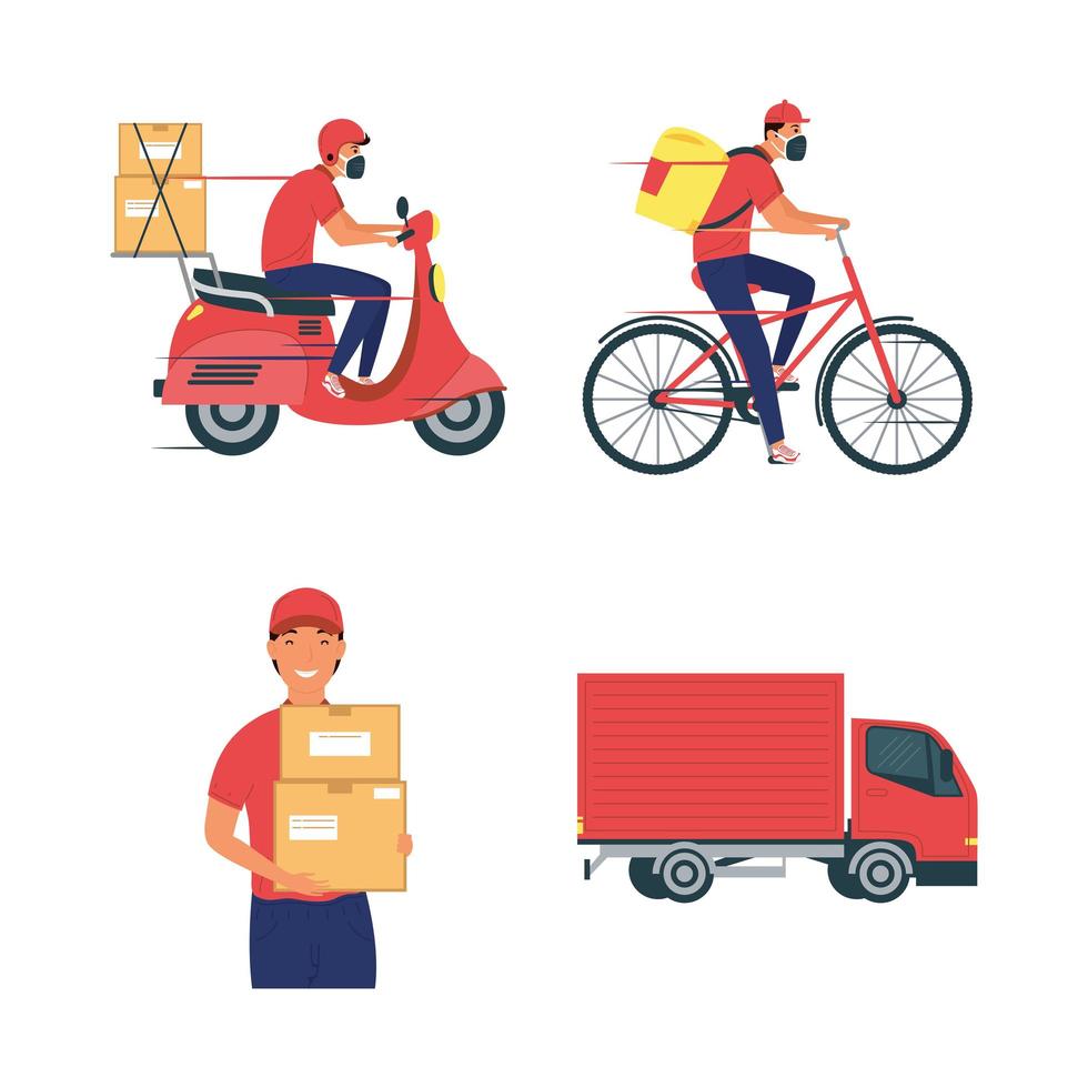 group of four delivery workers team vector