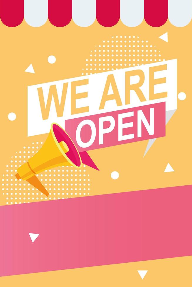 we are reopen commercial label with megaphone and parasol vector