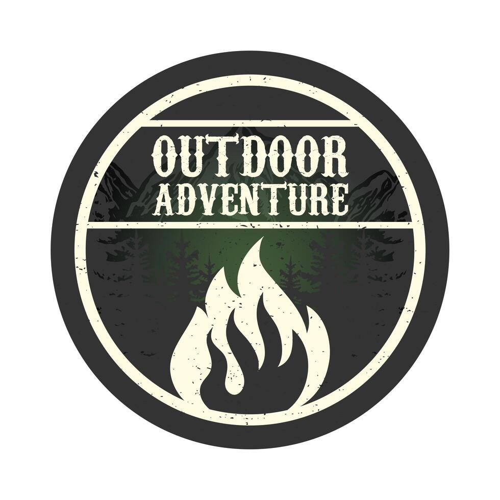 outdoor adventure lettering emblem with campfire in circular frame vector